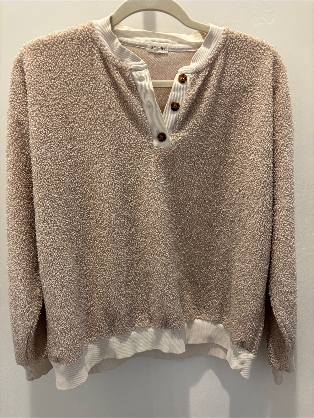 DONNI. Cream Button Henley Sherpa Pullover